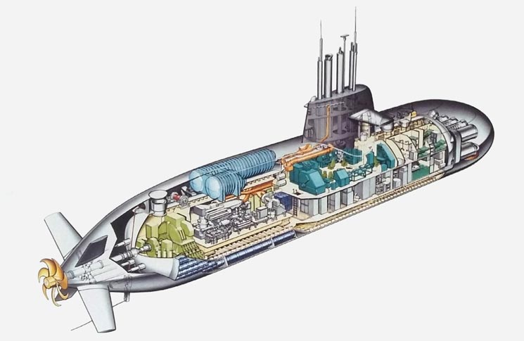 图为外媒报道的装有永磁推进电机的德国212A型常规潜艇剖面图。